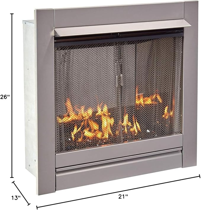 Duluth Forge DF450SS-G-RBLK Vent-Free Stainless Steel Outdoor Gas Fireplace Insert with Black Fire Glass Media, 24,000 BTU