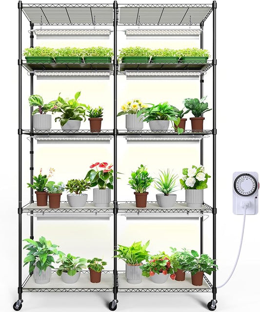 Barrina CX1 Plant Stand with Grow Lights for Indoor Plants, 5-Tier Large Tall Metal Plant Shelf with 1.6FT 20W(Per Light) Full Spectrum Plant Lights for Indoor Growing, 47x13.8x70.9IN