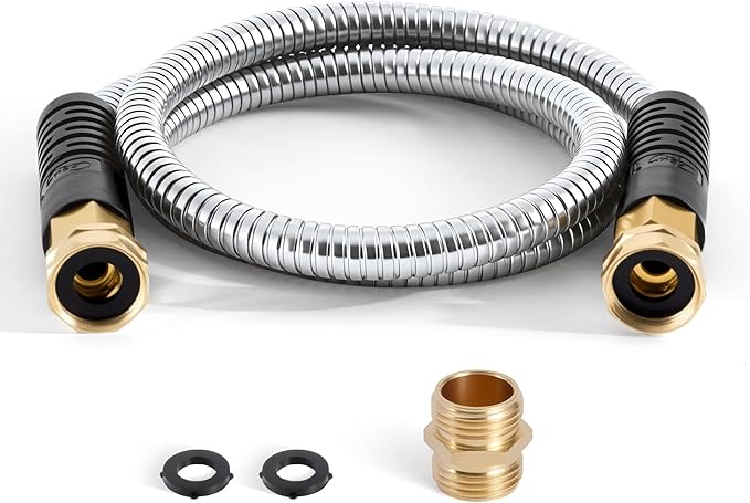Cesun Short Garden Hose 3 feet, Small Metal Leader Hose, Drinking Water Hose, Flexible, Lightweight Stainless Steel Water Pipe for RV, Outdoor, Yard, 3ft x 5/8", Female to Female