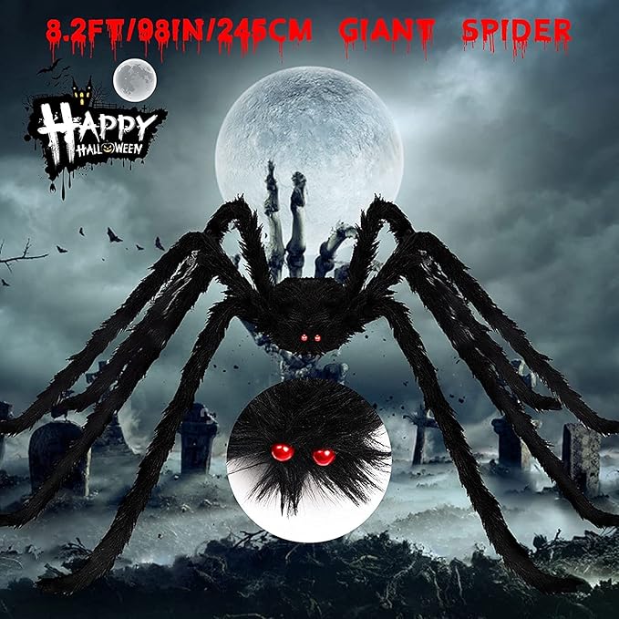 98IN/8.2FT/250CM Halloween Giant Spider Decorations: Largest Fake Scary Hairy Spider - Halloween Huge Plush Toy Spider Props Toy for Indoor Outdoor Creepy Lawn Garden Decor Black