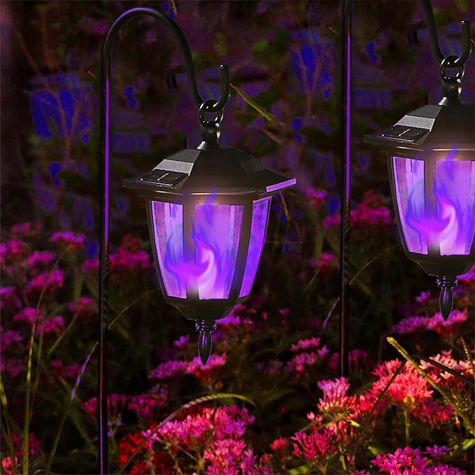 Dynaming 2 Pack Solar Halloween Flame Hanging Lights Outdoor, Flickering Flame LED Garden Lanterns with 2x38 Inch Shepherd Hooks, Landscape Lighting Waterproof for Lawn Yard Pathway Driveway, Purple