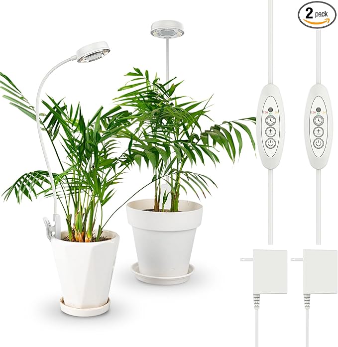 SANSI Grow Lights for Indoor Plants, Pot Clip LED Plant Light for Growing Full Spectrum, Plant Growing Lamp with 4-Level Dimmable, Auto On Off 3 6 12 Hrs Timer for Pot Plants, White 10W 2-Pack