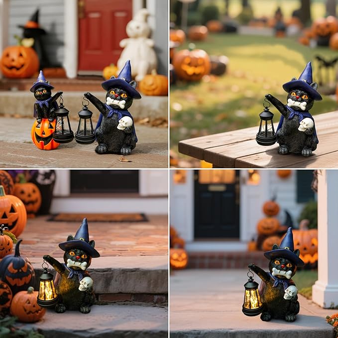 Halloween Black Cat Decor Spooky Solar Cat Garden Statues Holding Skull with LED Lantern Halloween Outdoor Decorations for Porch Patio Yard Lawn Holiday Gardening Gifts for Women