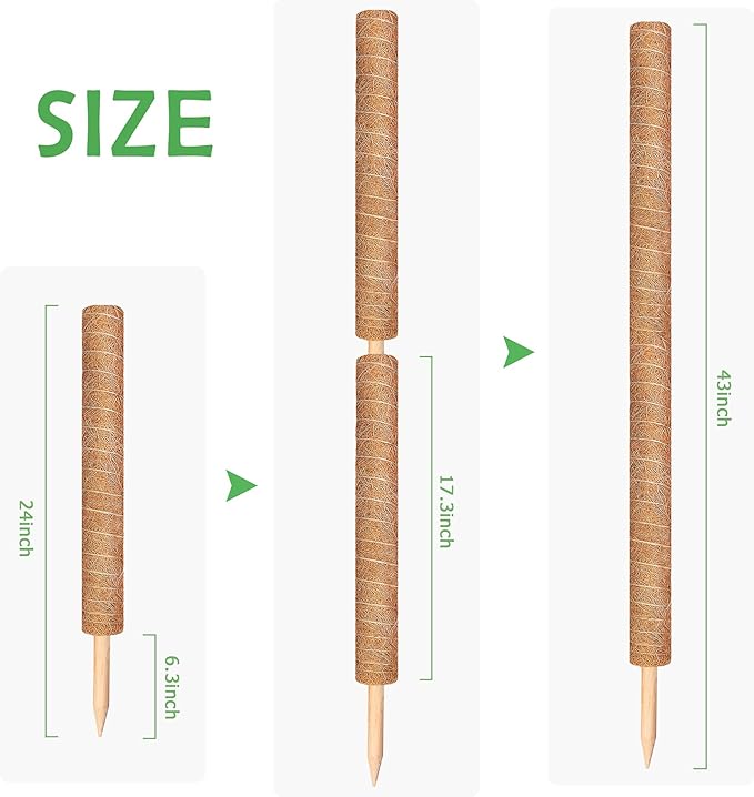 Moss Pole, Augshy Total Length 43 Inch Moss Poles - 2Pcs 24 Inch Plants Support Stakes Pole for Indoor Plants Coir Totem Pole for Creeper Monstera Plant Climbing