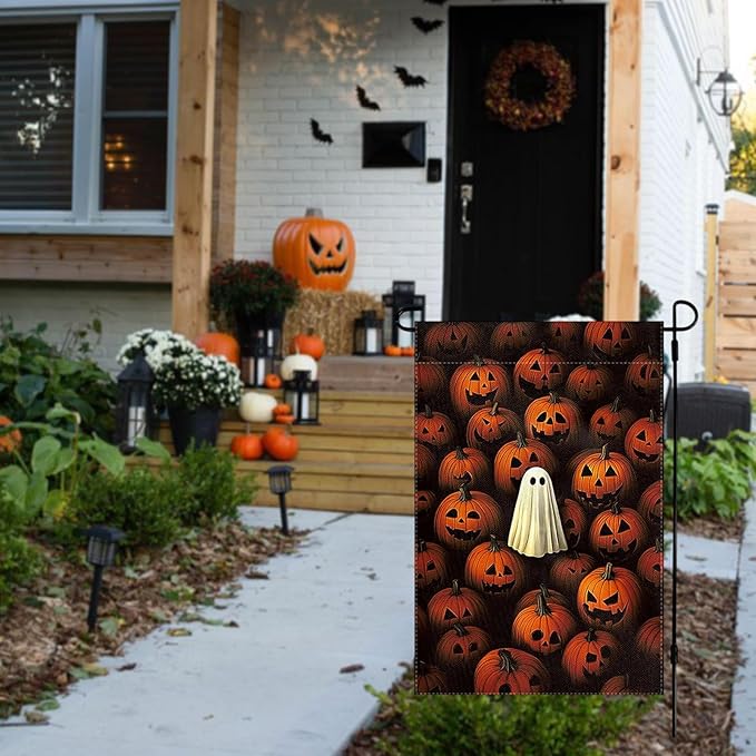Halloween Garden Flag 12 x 18 Inch Double Sided Ghost Pumpkin Designs Fall Autumn Burlap Yard Flag for Outside Rustic Yard Outdoor Holiday Home Decoration