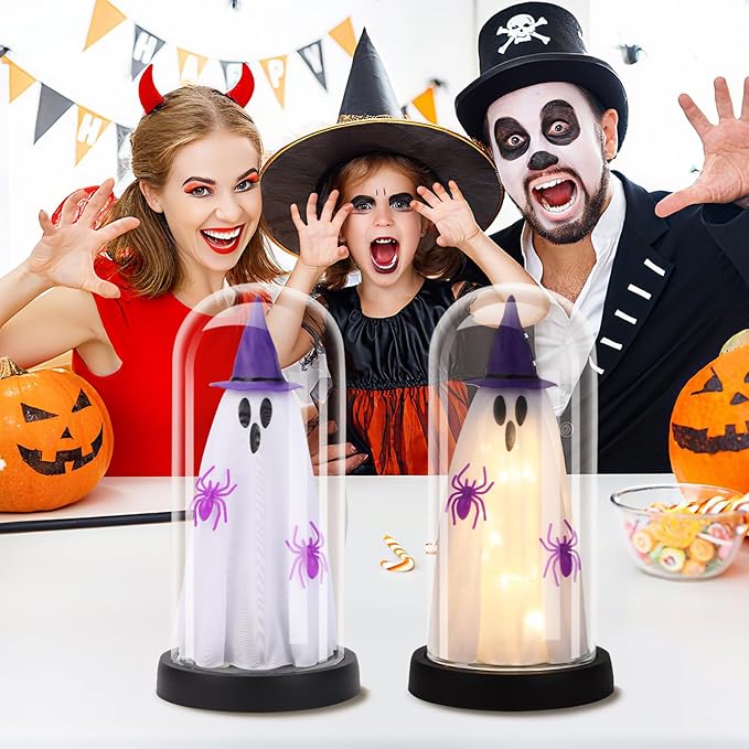Halloween Decor-Halloween Decorations Indoor-Light Up Ghost in Glass Cloche-Cute Ghost with Light for Home Kitchen Mantel Tabletop Party Decor- Ghost-Purple