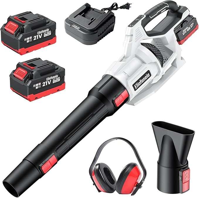 Leaf Blower,Powerful Electric Leaf Blower Cordless,650CFM/170MPH,4 Speed Modes,with 2 * 5.0Ah 21V Batteries and Charger,2*Replacement Nozzle for Lawn Care, Blowing Leaves, Dust, Snow, Gravel Patio