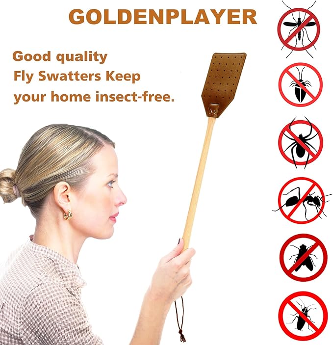 Heavy Duty Leather Fly Swatter, Long Handle Fly Swatter with Beech Wood Handle 19.7" Length, Flyswatter for Indoor and Outdoor (Brown)