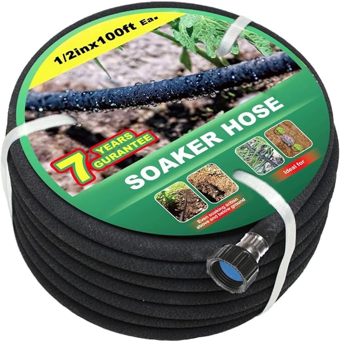 Taisia 1/2’’ Soaker Hose 100 FT Water Drip Garden Hose Drip Irrigation Hose Saves 70％Water Heavy Duty Rubber Round Soaker Hose for Garden, Lawn