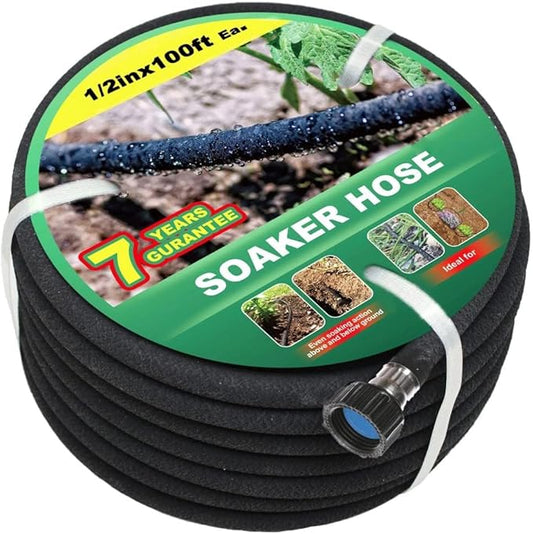 Taisia 1/2’’ Soaker Hose 100 FT Water Drip Garden Hose Drip Irrigation Hose Saves 70％Water Heavy Duty Rubber Round Soaker Hose for Garden, Lawn