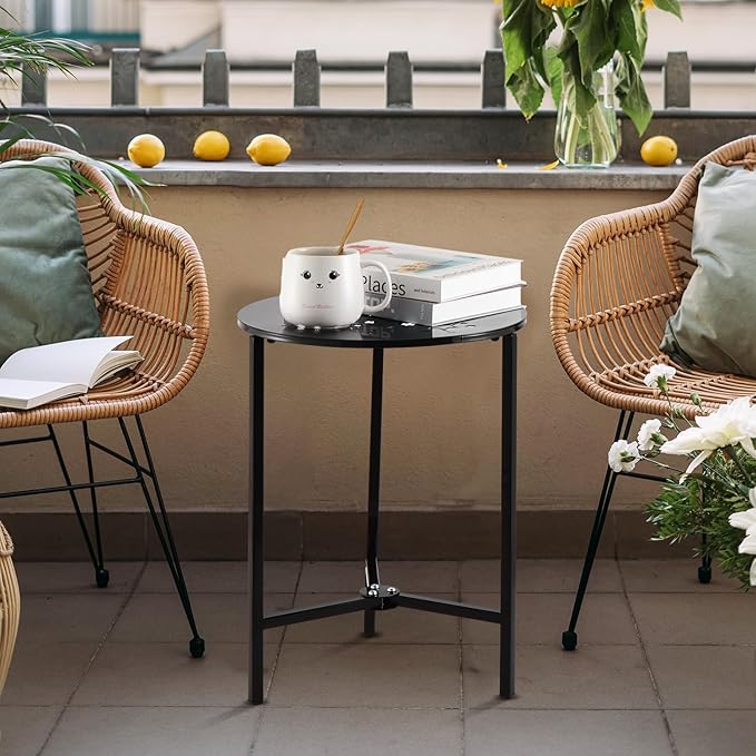 1 Pack 13" Metal Outdoor Side Tables Small Black Outside End Table for Patio Round Accent Corner Stand for Small Spaces Weather-Resistant Coffee Table for Balcony Porch Plant Stand, Starlight Pattern
