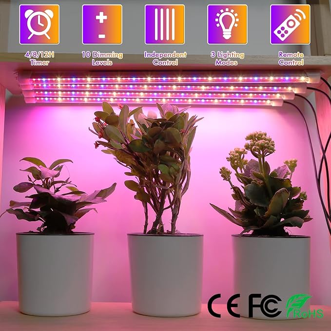 4 Pack Plant Grow Light Strip,LED Growing Lamp for Indoor Plants, Full Spectrum Plant Lights with Auto ON/Off Timer, 10 Dimmable Brightness, 3 Switch Modes, Dual Controllers