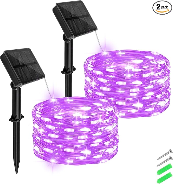 Solar Fairy Lights Purple Outdoor Waterproof,16.4ft 50LED Solar String Lights Purple for Outside 8 Modes 2 Packs for Halloween Patio Backyard Garden Deorations Purple, CS-SL-5M