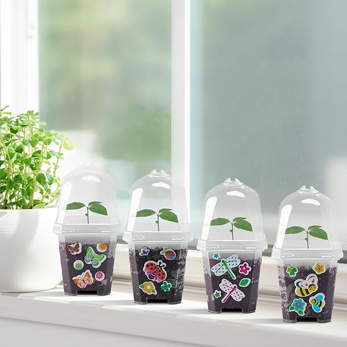 EBaokuup 10 Pcs Clear Plant Nursery Pots with Humidity Dome-3" Reusable Plastic Gardening Pot with Printed Labels-Small Seed Starting Pots for Seedlings,Vegetables,Succulents,Cuttings