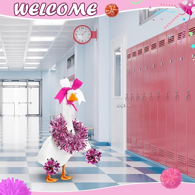 3 Pcs Cheerleader Porch Goose Outfit Poseable Wings with Pom Poms Garland and Bow for 23" Lawn Cement Goose Football Halloween Garden Patio Yard Outdoor Classroom Decorations (Hot Pink)