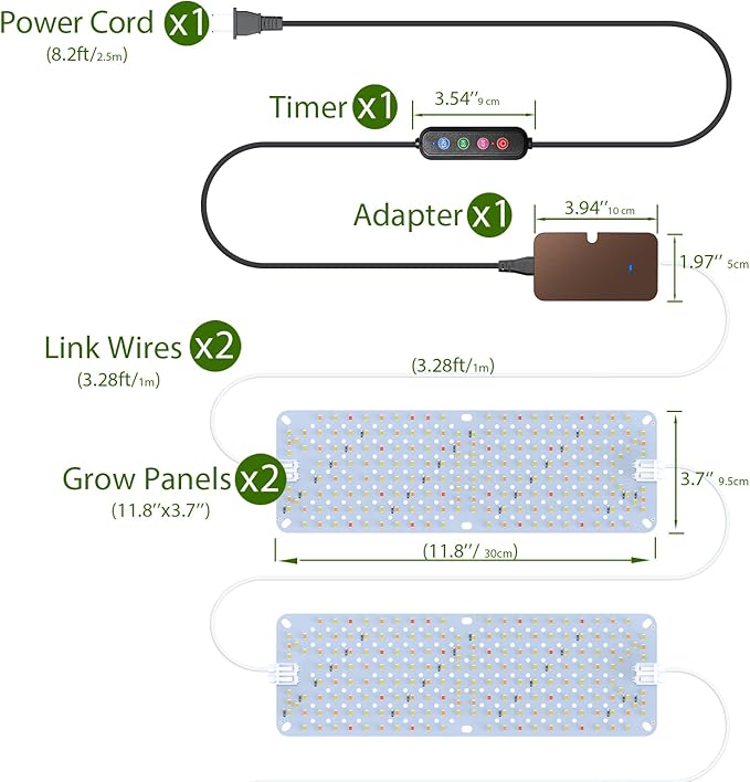 Full Spectrum Grow Lights, 24W Plant Grow Lights for Indoor Plants with Daisy Chain Function, Sunlike Spectrum, 384 LEDs and 4/8/12/16/20H Timer for Seed Starting(Pack2)