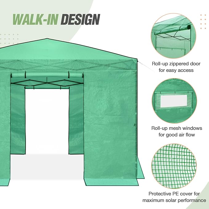 EAGLE PEAK Replacement Cover for 10x10 Portable Walk-in Pop up Greenhouse, Front Roll-Up Zipper Entry Door and 2 Large Roll-Up Side Windows (Frame Not Included), Green