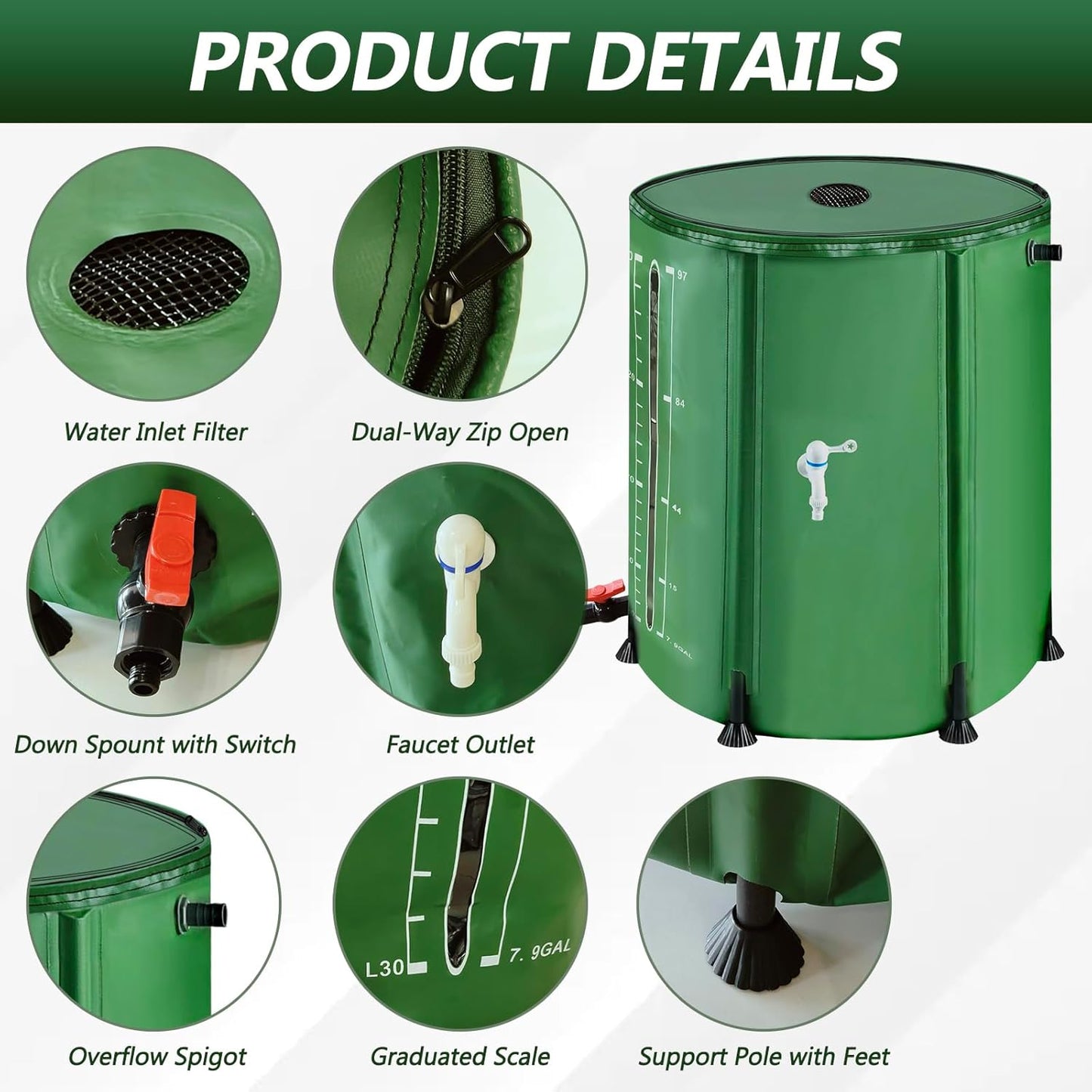 100 Gallon Collapsible Rain Barrel, 380L Water Storage Tank with Scale Mark for Garden Plant Watering, Farm Irrigation, XL Rainwater Collection System with Spigots, Overflow Kit, Hoses