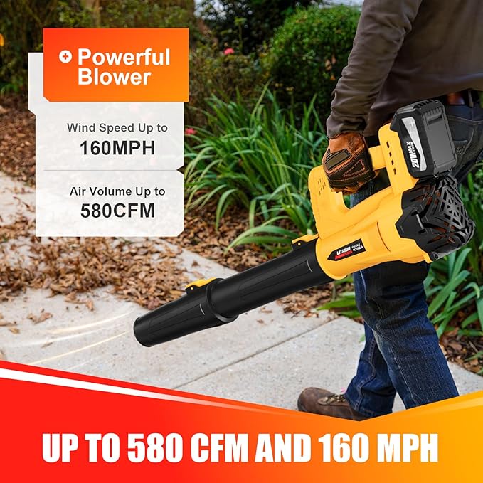 Leaf Blower Cordless, 21V Electric Leaf Blowers Lightweight Variable Speed Lithium Battery and Charger, Powered Lightweight Leaf Blower for Patio Lawn Care/Dusting Clearing/Leaf/Snow (Yellow)