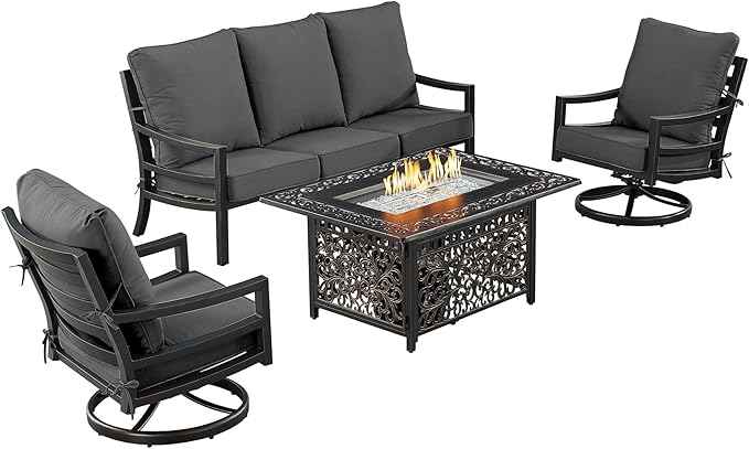 Oakland Living Black Aluminum Patio Fire Table Set with Deep Seating Sofa with Cushions and Two Club Chairs with Black Cushions