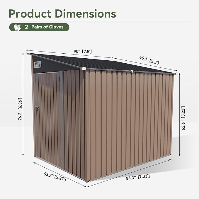 7'x5.5' Lean to Shed Galvanized Steel Storage Sheds with Side Door Waterproof Utility Shed with Sloped Roof for Mower, Bike, Garden Tools (Brown)
