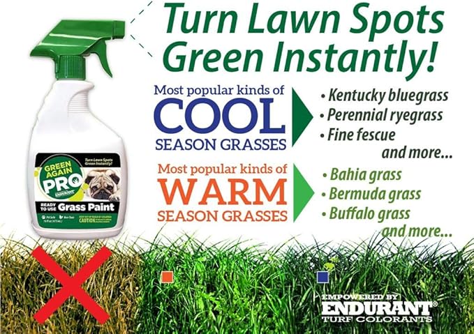 Pre-Mixed Grass and Turf Paint - All Natural Pet-Friendly Lawn Colorant Turns Spots Green Again with Eco-Friendly Point-and-Spray Application (16 oz) (Warm Season Grasses)