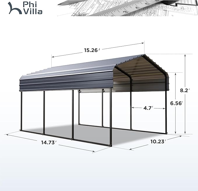 PHI VILLA 10 x 15 ft Heavy Duty Carport with Galvanized Steel Roof Multi-Use Shelter, Sturdy Metal Carport for Cars, Boats, and Tractors