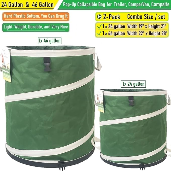 24 Gallon and 46 Gallon Collapsible Trash Can Solid Bottom for Yard Waste Bag,Garden Debris Bag,Pop-Up Trash Can,Recycling Bin,RV Camping Waste Bin,Laundry Hamper,Lawn Grass,Yard Weeds Bags,Leaf Bags