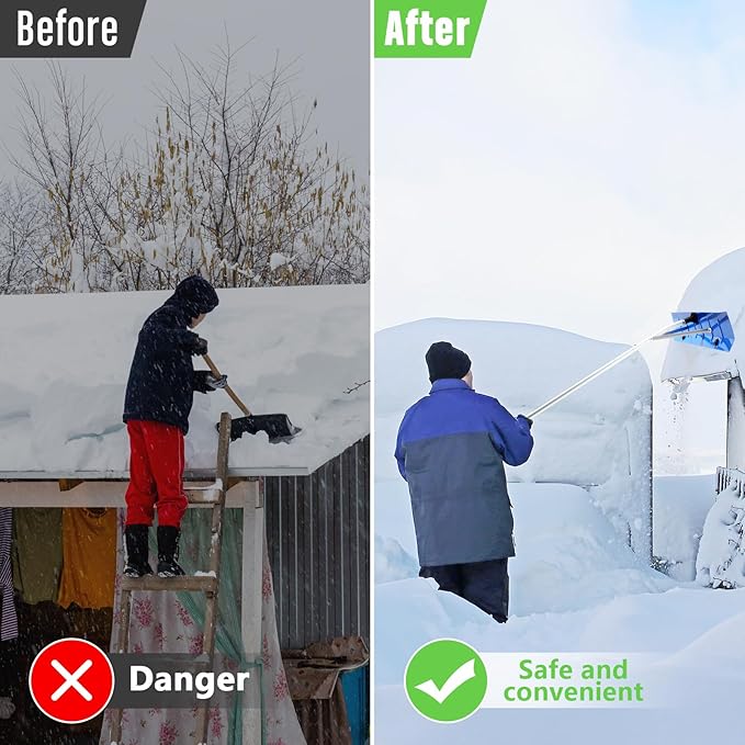 Gisafai Snow Roof Rake Snow Removal Tool with 5 Section Tubes 25 Inch Blade Adjustable 4.8-20 ft Reach Aluminum Shovel Rugged Slide for Single Cabins Car Roof(Blue)