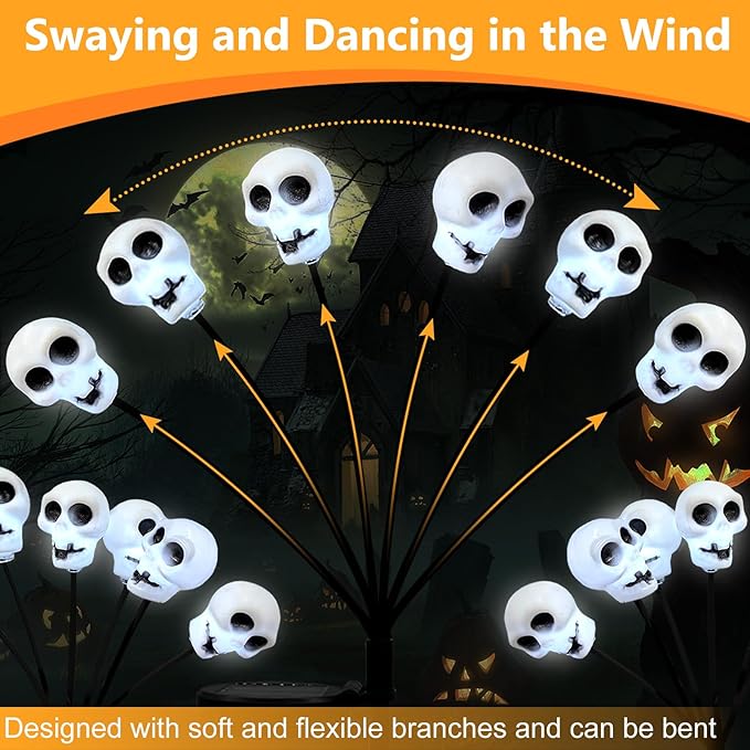 Solar Halloween Pathway Lights 3 Pack Skull Stake Lights Outdoor 2 Modes Cool White LEDs for Garden Yard Patio