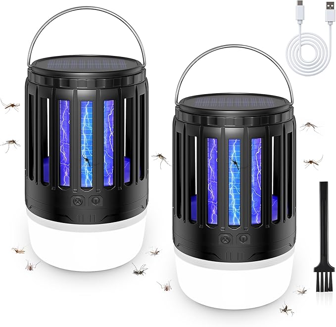 2 Pack Solar Bug Zappers Outdoor, 3 in 1 Mosquito Zapper Killer USB Rechargeable Camping Light, Waterproof Portable Gnats Flying Trap for Outdoor & Indoor