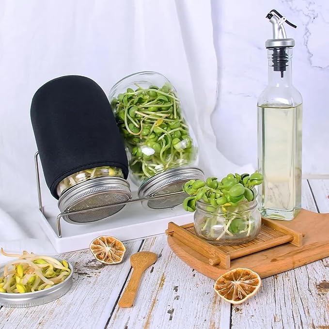 Organic Seed Sprouting Jar Kit – 2 × 32 oz Wide-Mouth Mason Jars with Stainless-Steel Sprouter Lids & Stand, Blackout Sleeves, Drain Tray – Grow Broccoli, Alfalfa & Bean Microgreens