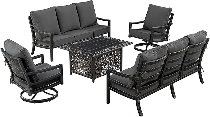 Oakland Living Black Aluminum Patio Fire Table Set with Two Deep Seating Sofa with Cushions and Two Club Chairs with Black Cushions