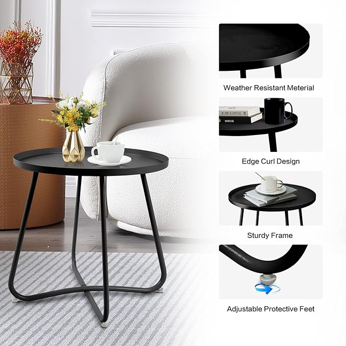 Babion Black Outdoor Side Tables, Small Outdoor Table, Round Patio Side Table Steel, Small Accent End Table for Patio Yard Garden, Indoor & Outdoor