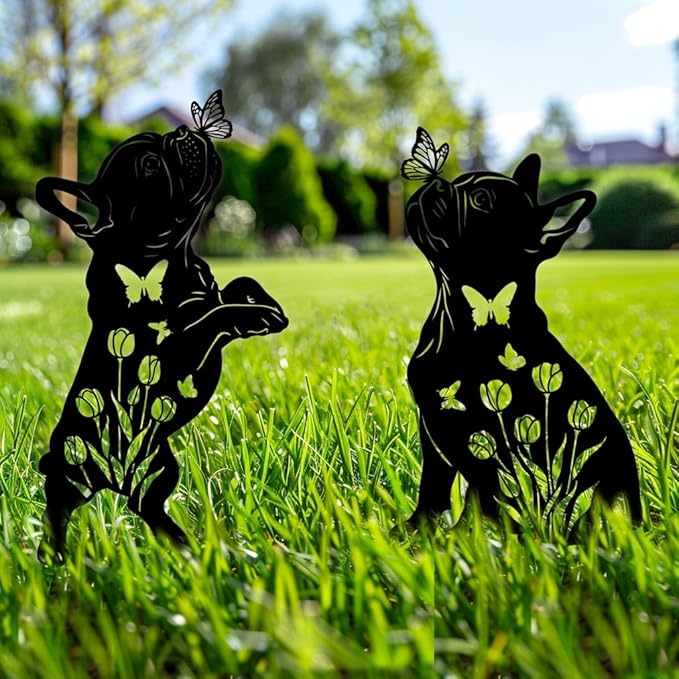 Metal Dog Garden Decor for Outside, French Bulldog Gift for Dog Lovers, Rust Proof Metal Black Silhouette Decorative Garden Stakes for Yard, Patio, Lawn Decorations, Outdoor Decor Yard Art