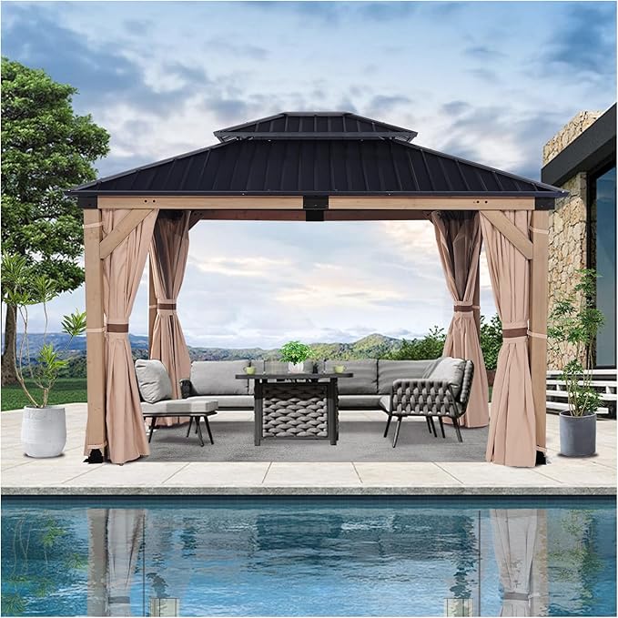 CHARMELEON Cedar Wood Gazebo 10x12 ft – Gazebo Wooden with Double Metal Roof – Hardtop Gazebo Kits with Mosquito Netting & Curtains – Wood Frame Gazebos Pavilion for Outdoor, Patio, Backyard and Deck