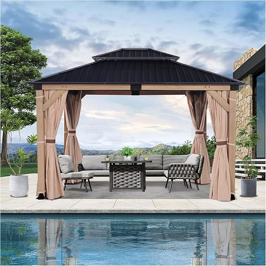 CHARMELEON Cedar Wood Gazebo 10x12 ft – Gazebo Wooden with Double Metal Roof – Hardtop Gazebo Kits with Mosquito Netting & Curtains – Wood Frame Gazebos Pavilion for Outdoor, Patio, Backyard and Deck