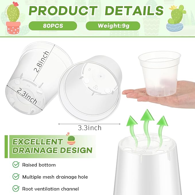 Yaomiao 80 Pcs 3 Inch Clear Mini Plastic Plant Pot Nursery Seedling Pots Seed Starter with Drainage Holes for Indoor Outdoor Garden Succulent Plants Cuttings Transplanting