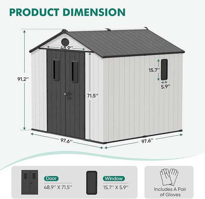 8x6 Resin Outdoor Storage Shed with Floor, Plastic Tool Shed for Gardening, Patio, and Deck, White/Gray
