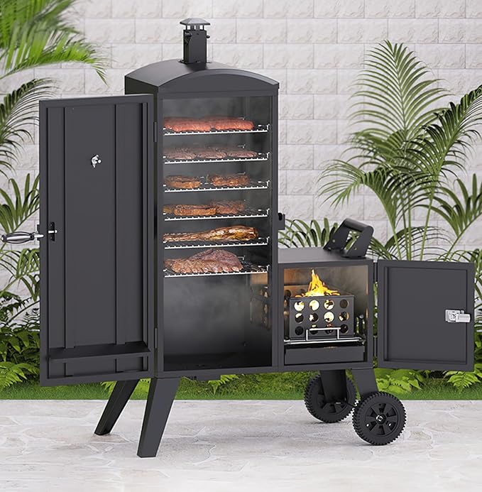 Vertical Cabinet Charcoal Smoker, Black Steel, BBQ Grill with Wheels, Temperature Gauge, Removable Ash Pan, 53x20x35 Inches