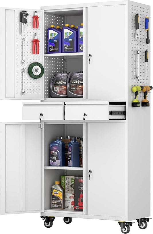 71" H Rolling Tool Storage Cabinet with Pegboard and 2 Drawers,Metal Garage Storage Cabinet with Wheels 4 Doors and Adjustable Shelves for Garage, Kitchen,Office,Required Assembly,White