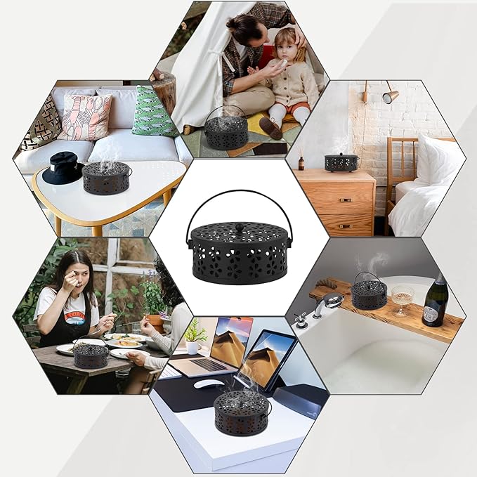 Portable Iron Mosquito Coil Holder with Handle Round Heat-Resistant Incense Holder for Home Office Camping (2Pack Black)