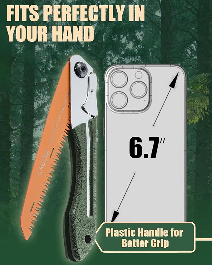 LAGOM Folding Camp Saw for Cutting Branches, 8.2" Straight Blade | SK5 Steel, Ergonomic Handle, One-Hand Use, Secure Lock | Foldable Pruning Tool for Camping, Gardening, Survival, Kayaking, Outdoors