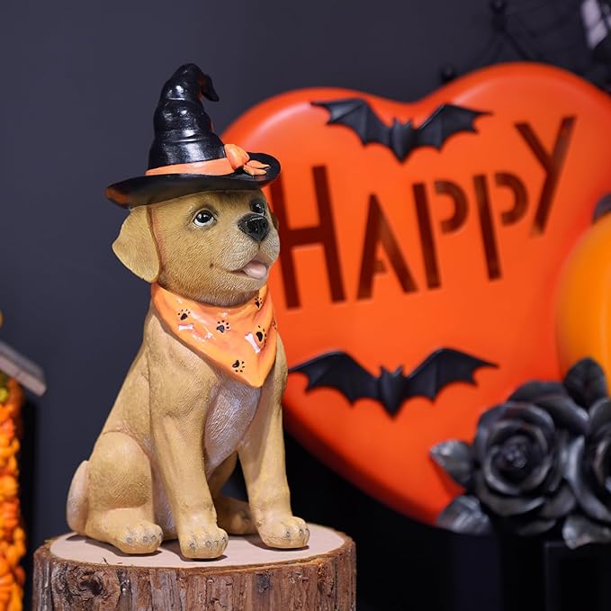 Halloween Decorations Indoor Dog Statue - Halloween Decor Figurine for Outdoor Indoor Mysterious Gothic Tabletop Puppy Sculpture Witch hat, Spooky Gifts Ghost Garden Decorations Rottweiler 5x7x13INCH