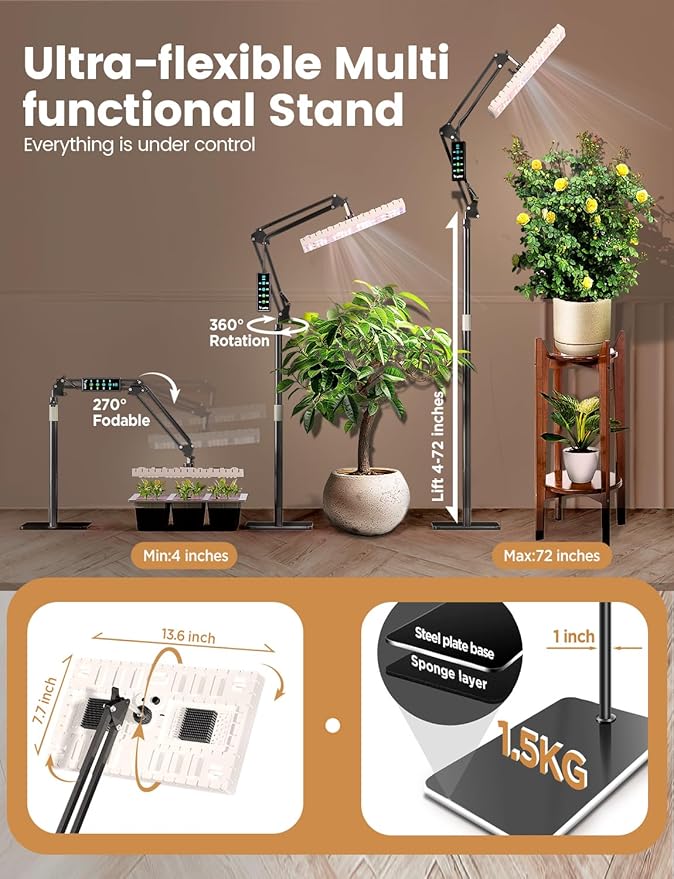 Plant Grow Light, [Smart APP & Expansive 2x2 Ft Coverage] Genuine 60W Output LED Full Spectrum for Indoor Plants, 8-Level Brightness, Supports Hanging & Standing, 270° Folding, 360° Rotation
