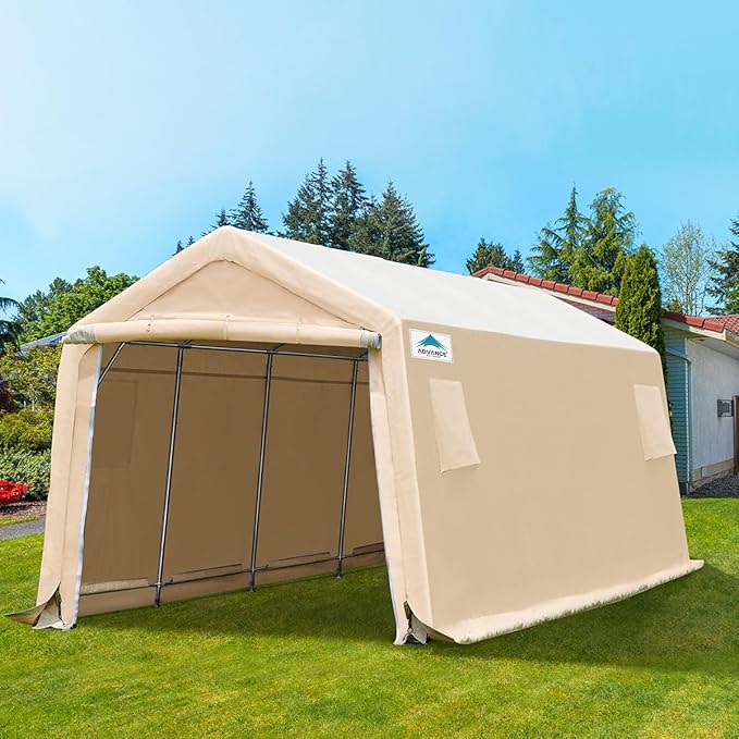 ADVANCE OUTDOOR Heavy Duty 10X20 ft Carport Outdoor Patio Portable Canopy Storage Shelter Shed with 2 Rolled up Zipper Doors & Vents for Snowmobile Garden Tools, Beige