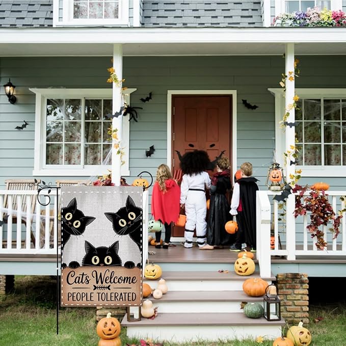 Fokongna Cats Welcome Garden Flag, Cats Welcome People Tolerated Sign Flag, 12x18 Inch Burlap Vertical Double Sided Flags, for Home Yard Outside Decorations