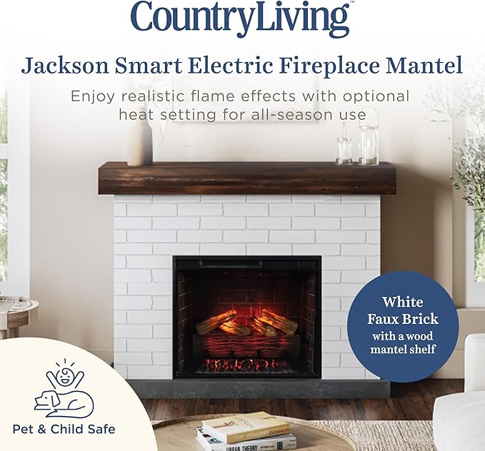 Country Living - Jackson Fireplace Mantel Package, WiFi Enabled 28” Fireplace Insert, White Brick Mantel Surround, Alexa/WiFi Enabled, 1500W