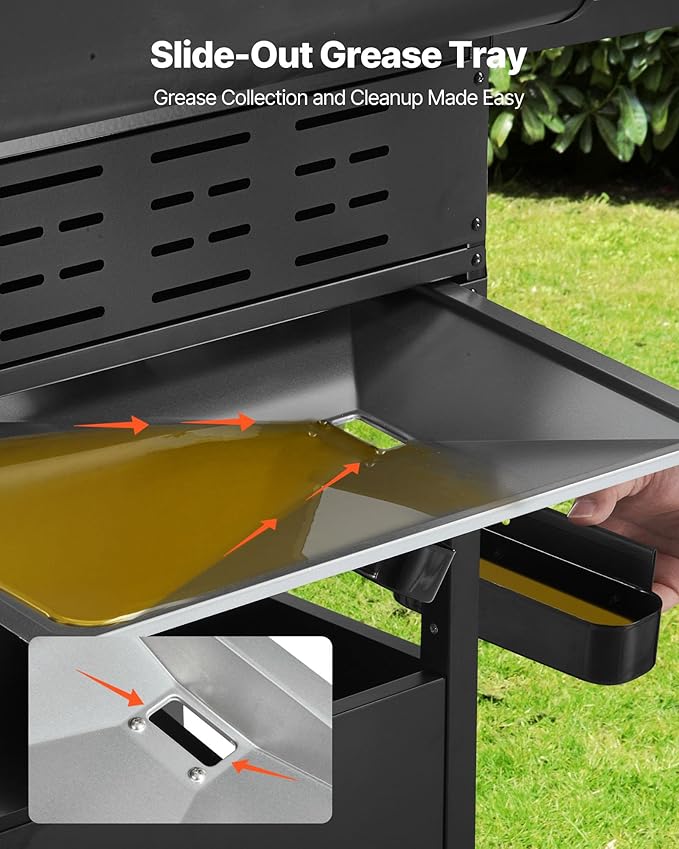 VEVOR Gas Grill, 4 Burner Propane Gas Grill with Side Burner, 425 SQ.In Grilling Area, Carbon Steel Enamel Grates, Outdoor 52,000 BTU Patio Garden BBQ Grills with Two Side Shelves, Carbon Steel