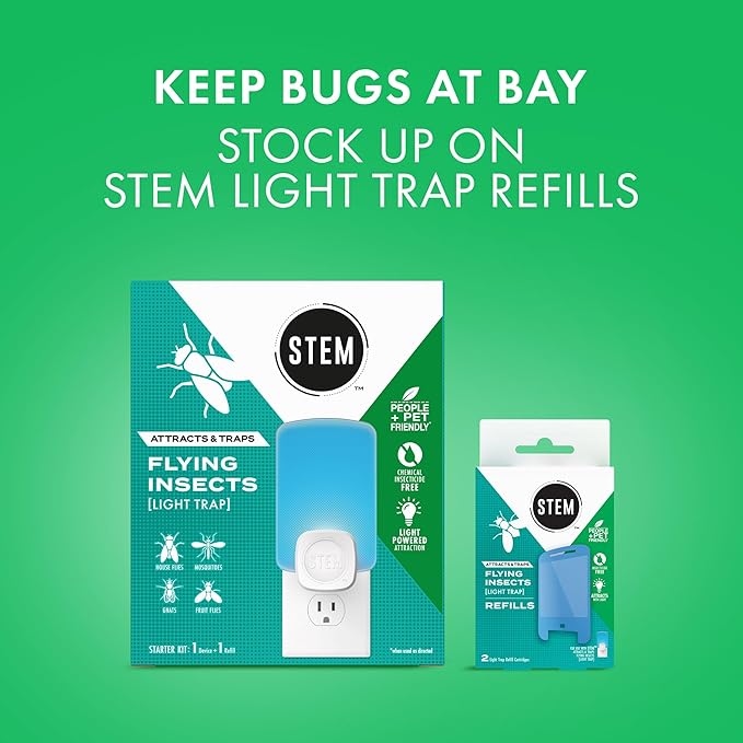 STEM Light Trap: Indoor Fruit Fly Trap, Effective Insect Control for Home, Attracts and Traps Flying Insects, Emits Soft Blue Light, Starter Kit with 2 Plug-in Devices and 4 Catridges